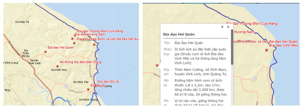 CSDL GIS Cụm di t&iacute;ch lịch sử cấp quốc gia đặc biệt Địa đạo Vịnh Mốc v&agrave; hệ thống l&agrave;ng hầm Vĩnh Linh (h&igrave;nh tr&aacute;i) v&agrave; cấu tr&uacute;c CSDL (h&igrave;nh phải)