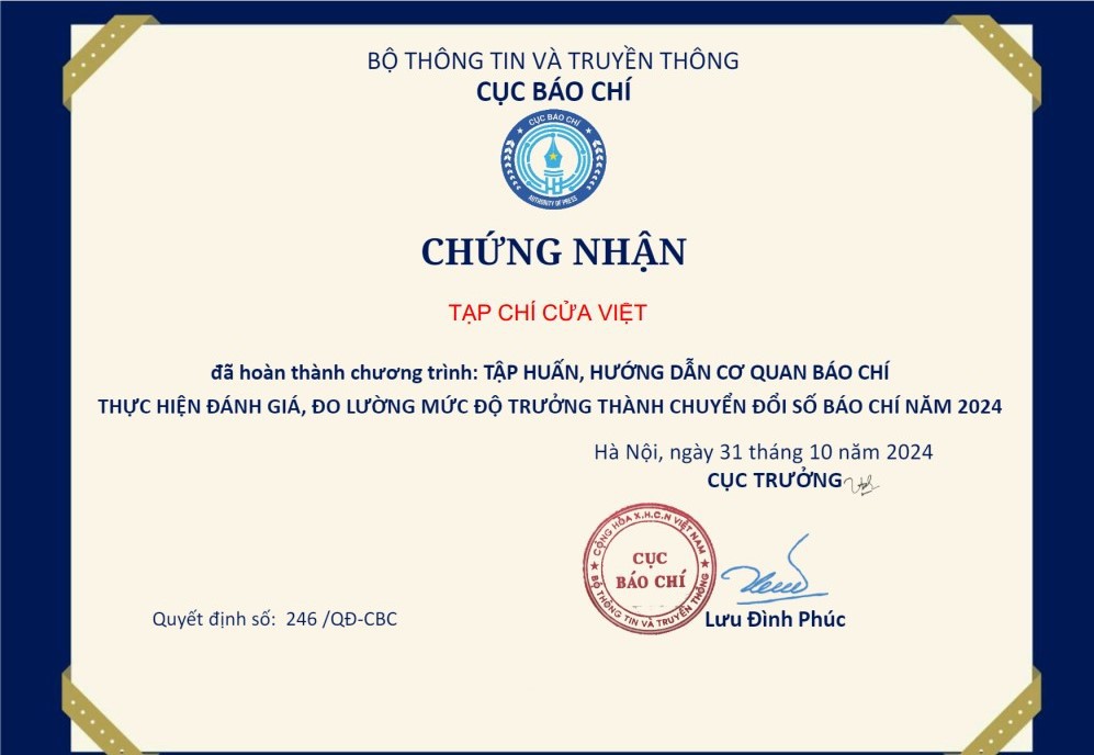 Tạp ch&iacute; Cửa Việt được Bộ Th&ocirc;ng tin v&agrave; Truyền th&ocirc;ng trao tặng Giấy chứng nhận đạt mức tốt về trưởng th&agrave;nh chuyển đổi số b&aacute;o ch&iacute; năm 2024